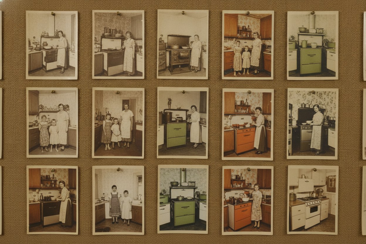 1960'lardan kalma, kenarları solmuş bir aile mutfağı fotoğrafı